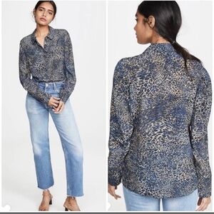 Kobi Halpertin Womens Sz XS 100% Silk Blue Black Leopard Print Button Up Blouse